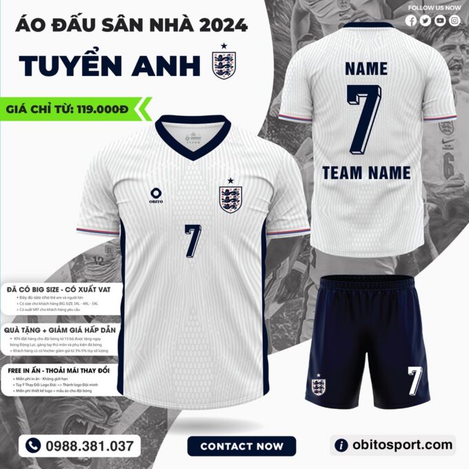 Áo Đá Banh Đội Tuyển Anh Sân Nhà 2024 Màu Trắng