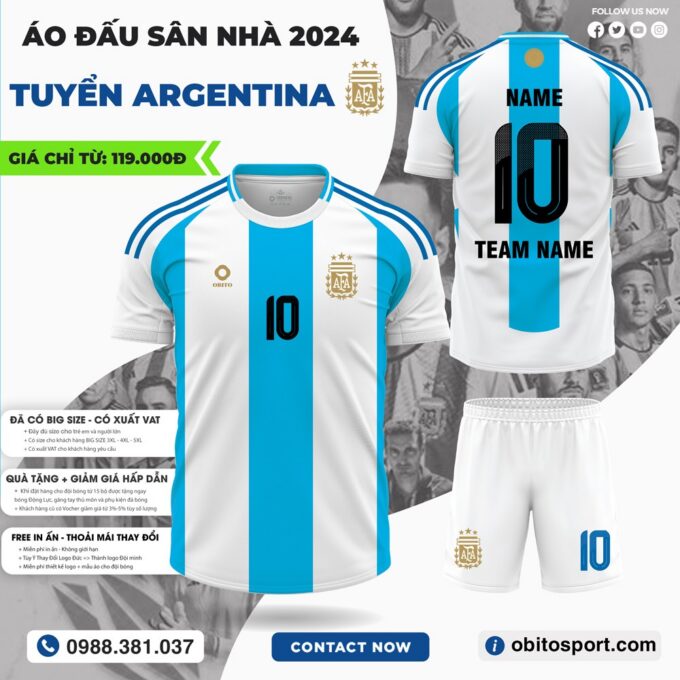 Áo Thi Đấu ARGENTINA Sân Nhà 2024 Màu Trắng Xanh