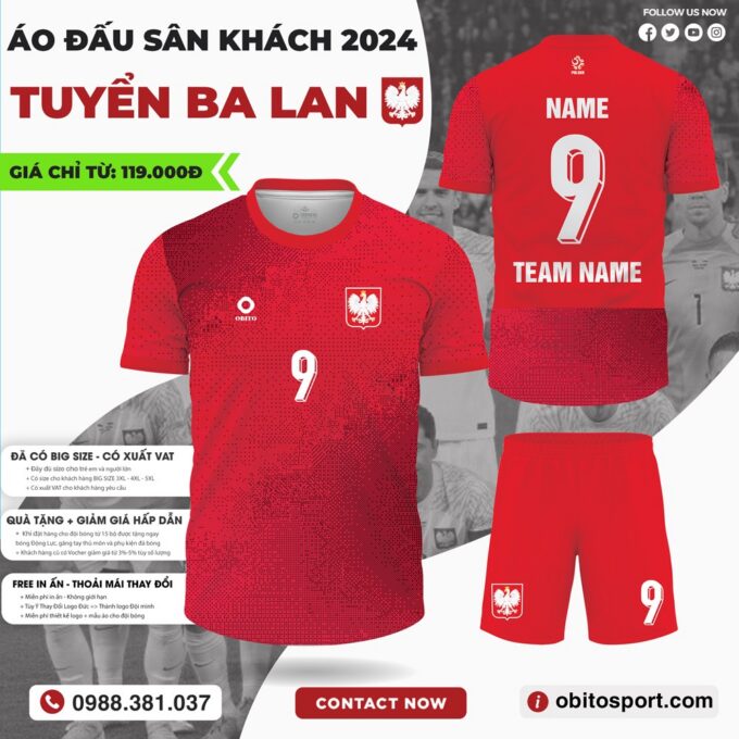 Áo Đá Banh Đội Tuyển Ba Lan Sân Khách EURO 2024 Màu Đỏ