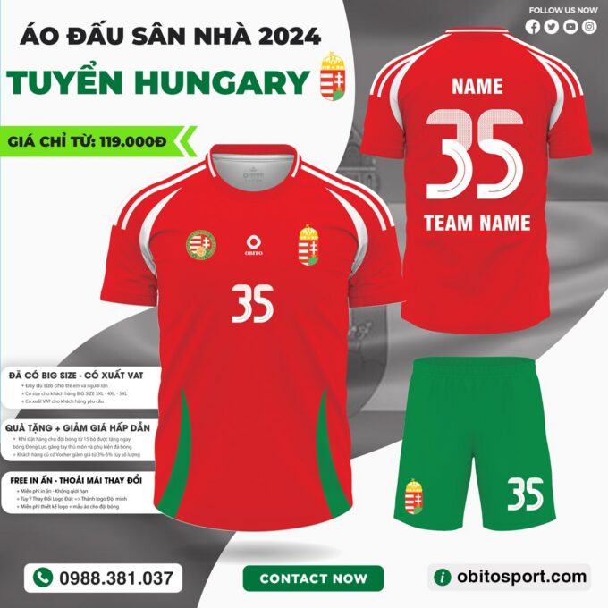 Áo Đá Banh Đội Tuyển HUNGARI Sân Nhà EURO 2024 Màu Đỏ