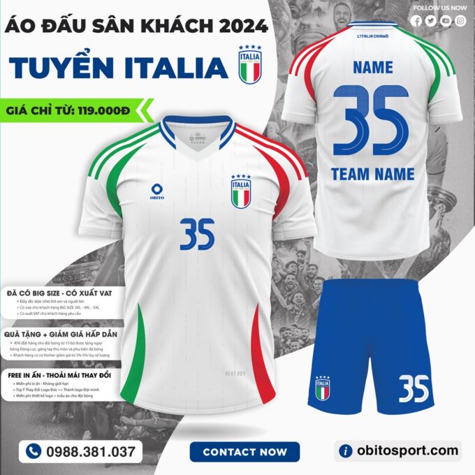 Áo Thi Đấu Đội Tuyển ITALIA Sân Khách EURO 2024 Màu Trắng