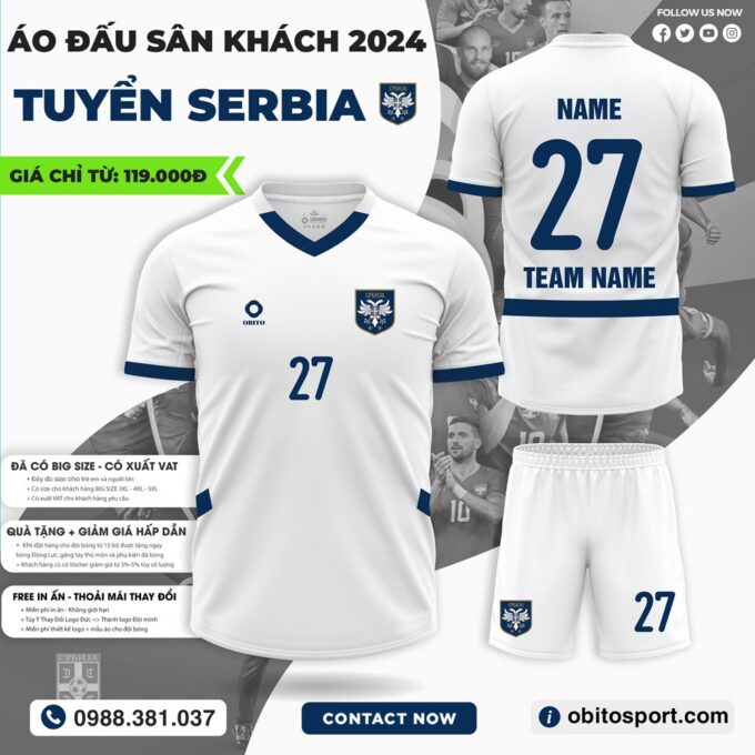 Mẫu Áo Bóng Đá Đội Tuyển SERBIA Sân Khách EURO 2024 Màu Trắng