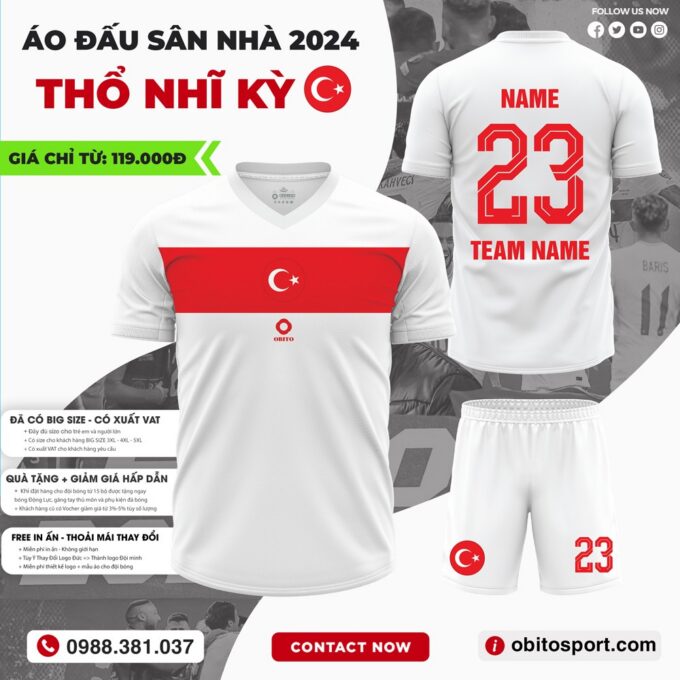 Mẫu Áo Đá Banh Đội Tuyển Thổ Nhĩ Kỳ Sân Nhà EURO 2024 Màu Trắng