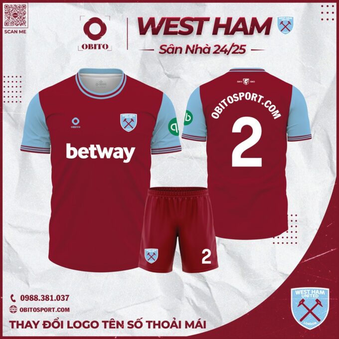 Áo Đá Banh Câu Lạc Bộ West Ham Sân Nhà 2024-2025