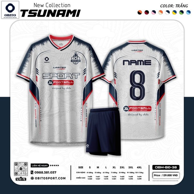 Áo Thể Thao OBM-38 Trắng Navy Đỏ – Thiết Kế Sóng Nước Cá Tính