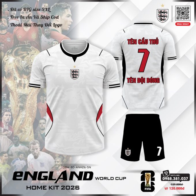 Áo Đội Tuyển Anh 2026 Phiên Bản Trắng Họa Tiết Chìm BIG Size 5XL