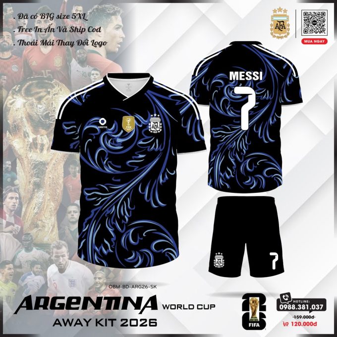 Áo Đội Tuyển Argentina 2026 Sân Khách - Đen Xanh Sang Trọng, Tùy Chỉnh Số Tên Miễn Phí