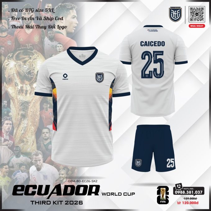 Áo Đội Tuyển Ecuador 2026 SK2 - Trắng Thanh Lịch Phối Xanh Đậm Cá Tính