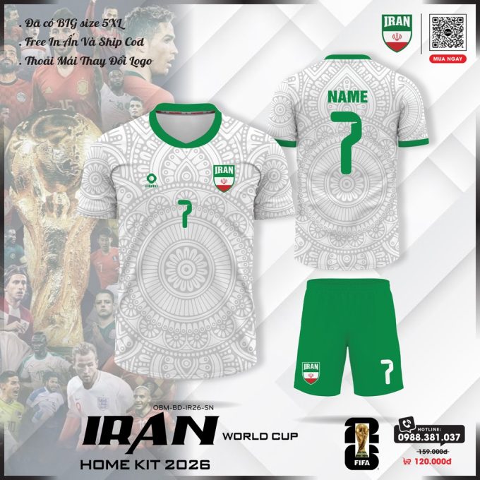 Áo Đội Tuyển Iran 2026 Sân Nhà - Màu Trắng Họa Tiết Mandala Điểm Xanh Lá