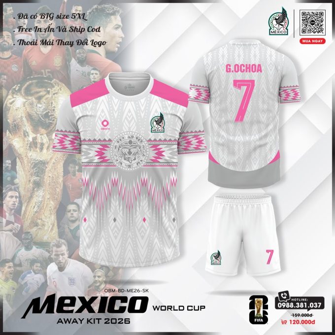Áo Đội Tuyển Mexico 2026 Màu Trắng Xám Hồng Neon Hoạ Tiết Aztec – Tối Ưu Thoáng Mát, In Tùy Chỉnh