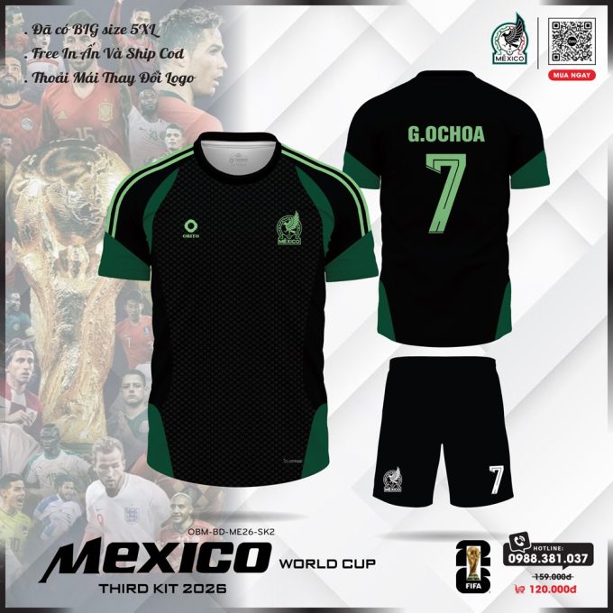 Áo Đội Tuyển Mexico 2026 Màu Đen Số 7 – Thiết Kế Thanh Lịch, Cá Tính