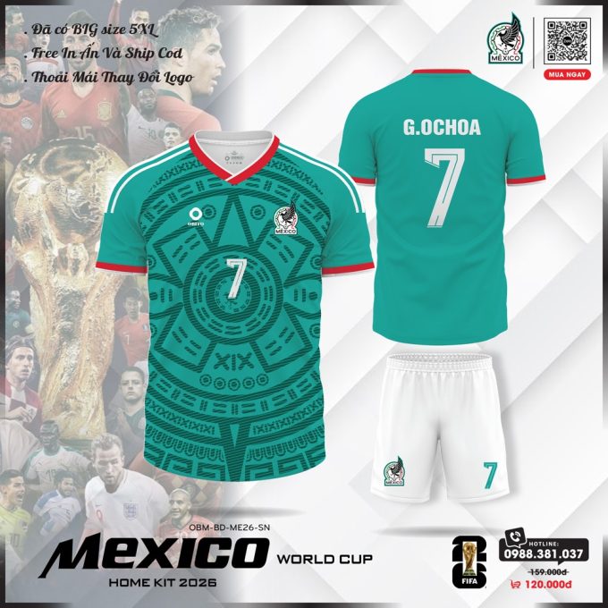 Áo Đội Tuyển Mexico 2026 Sân Nhà Màu Xanh Lá - Họa Tiết Aztec, Size Đến 5XL