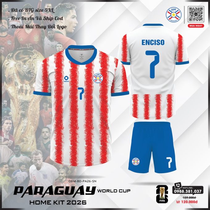 Áo Đội Tuyển Paraguay 2026 Sọc Đỏ - Trắng Xanh (BIG Size 5XL)