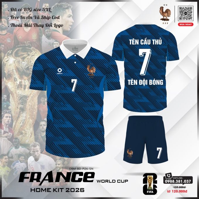 Áo Đội Tuyển Pháp 2026 Sân Nhà Xanh Navy Hoa Văn Chéo