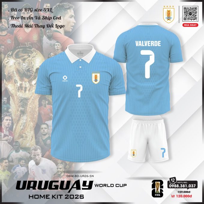 Áo Đội Tuyển Uruguay 2026 Sân Nhà - Xanh Dương Nhạt Viền Trắng