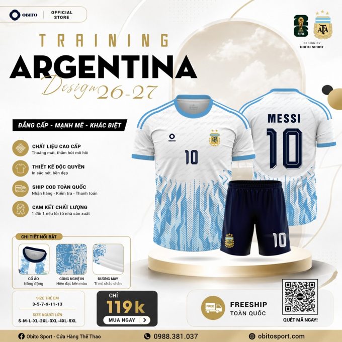 Áo Đội Tuyển Argentina Training 2026 Màu Trắng Xanh Dương Nhạt