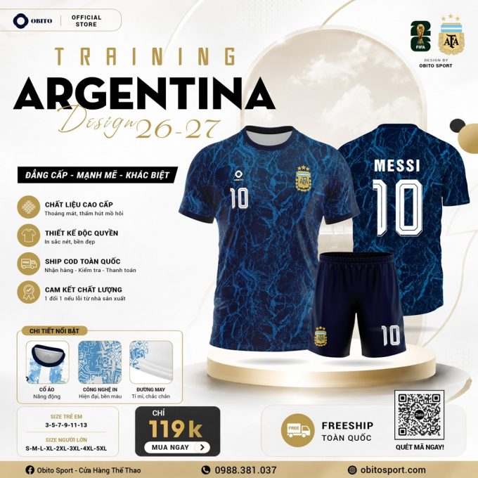 Áo Đội Tuyển Argentina Training Xanh Đậm Họa Tiết Vân Loang - Năng Động & Đẳng Cấp