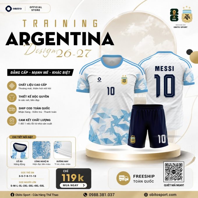 Áo Training Đội Tuyển Argentina Trắng Xanh - Thiết Kế Thể Thao Năng Động