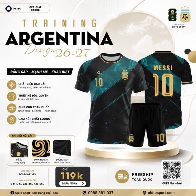 Áo Đội Tuyển Argentina Training Đen 2026 Siêu Hot