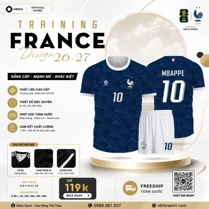 Mẫu Áo Bóng Đá Đội Tuyển Pháp Training Màu Xanh Than Mới Nhất 2026 Tại Obito